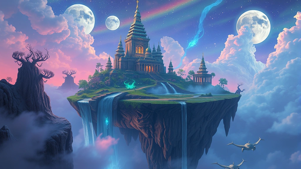 A vibrant floating island landscape with bioluminescent creatures and ancient architectural structures suspended in clouds, featuring waterfalls flowing into the sky