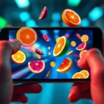 Close-up of hands holding mobile device with colorful fruit slices flying across screen in dynamic motion blur, vibrant neon colors, photorealistic gaming scene