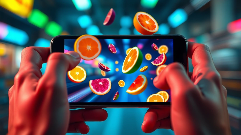 Close-up of hands holding mobile device with colorful fruit slices flying across screen in dynamic motion blur, vibrant neon colors, photorealistic gaming scene