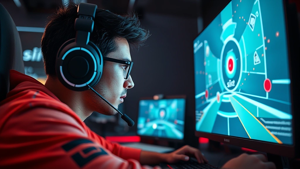 Wide shot of gaming setup with player focused intently on screen showing Slice Master gameplay with geometric objects and particle effects, professional esports-style environment