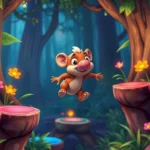 Adorable snout-nosed creature character jumping through vibrant forest level with colorful platforms and glowing flowers, photorealistic game environment, no UI elements