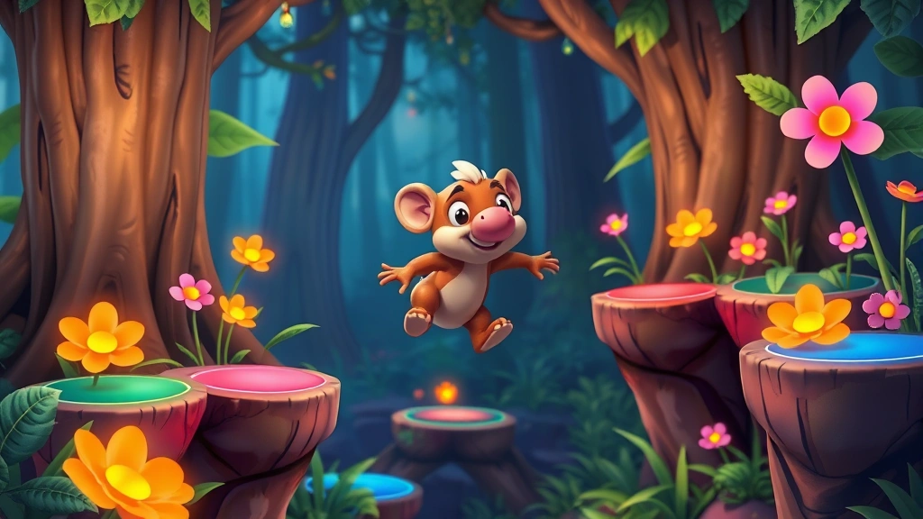 Adorable snout-nosed creature character jumping through vibrant forest level with colorful platforms and glowing flowers, photorealistic game environment, no UI elements
