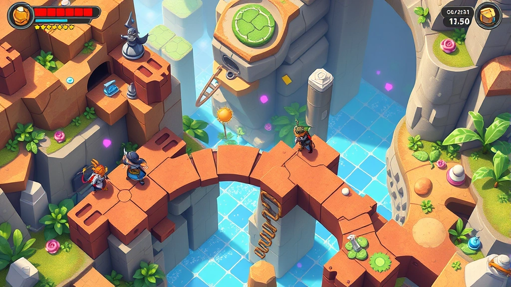 Multiple characters cooperating in colorful co-op puzzle level with interactive platforms and environmental objects, dynamic action scene, no text or HUD