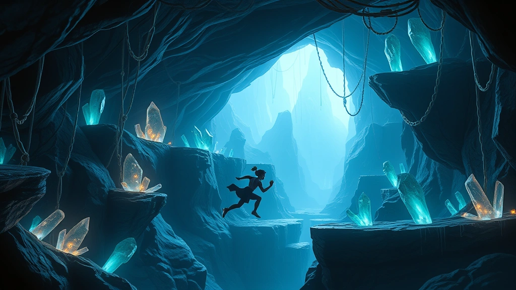 Character dashing through mystical cave environment with bioluminescent crystals and challenging platforming sections, immersive underground world, photorealistic rendering