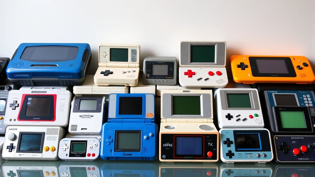 Comparison display of multiple retro gaming consoles and handhelds arranged together, showcasing different gaming device types and sizes