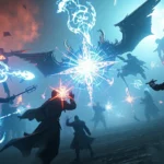 Epic fantasy battle scene with glowing magic spells and armored warriors clashing in dramatic lighting, photorealistic fantasy setting, no UI elements or text visible