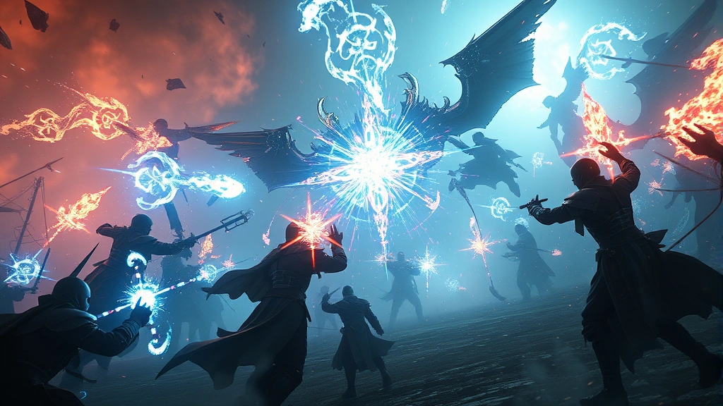 Epic fantasy battle scene with glowing magic spells and armored warriors clashing in dramatic lighting, photorealistic fantasy setting, no UI elements or text visible
