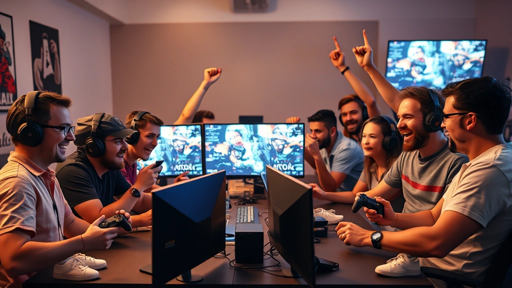 Diverse group of friends gathered around gaming setup with multiple monitors and controllers, celebrating victory with genuine excitement, warm lighting, no game menus or HUD visible