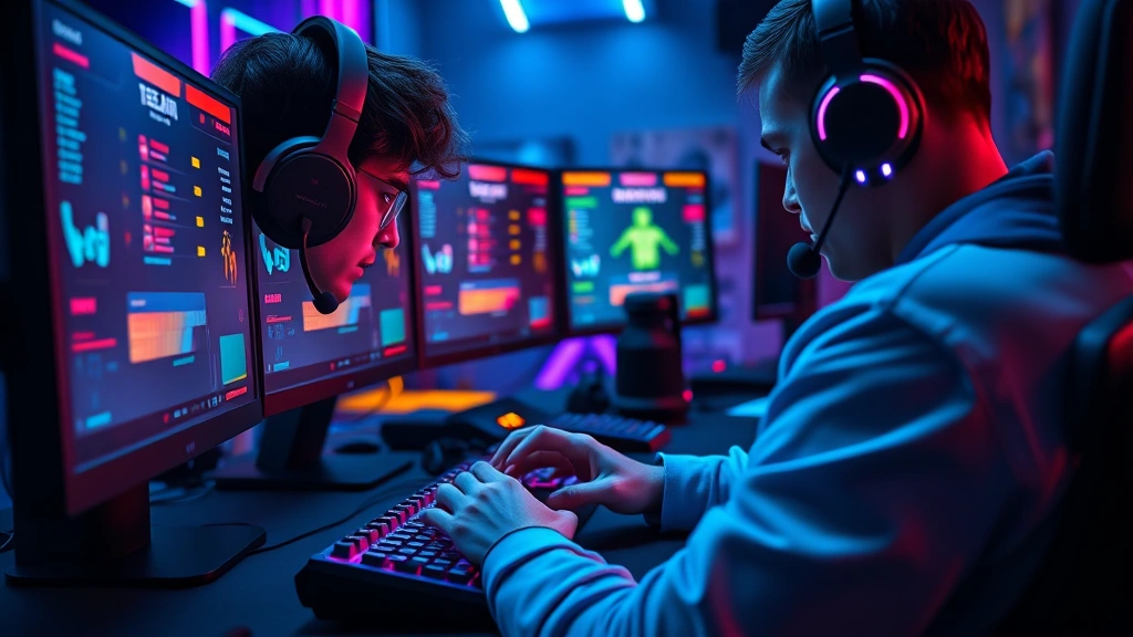 Gamer intensely focused on space bar clicker game, neon-lit gaming setup with RGB peripherals, hands poised over keyboard, multiple monitors displaying game stats and leaderboards, competitive esports atmosphere, photorealistic