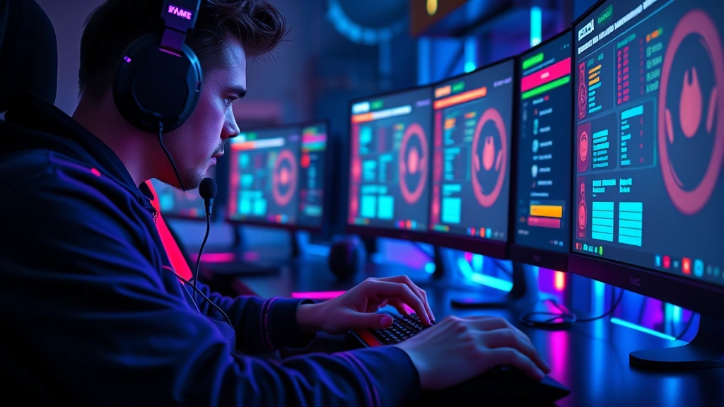 Gamer intensely focused on space bar clicker game, neon-lit gaming setup with RGB peripherals, hands poised over keyboard, multiple monitors displaying game stats and leaderboards, competitive esports atmosphere, photorealistic