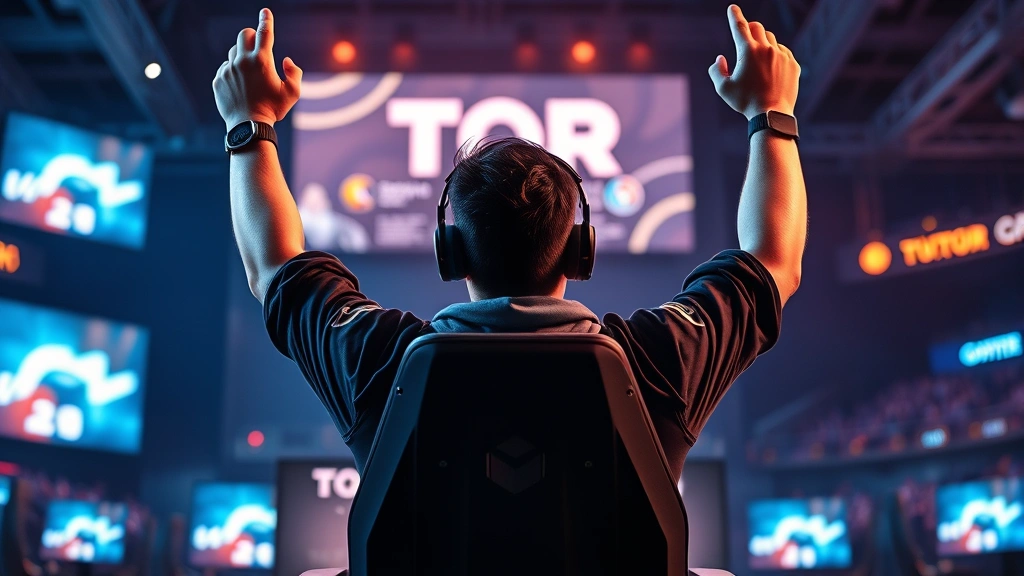 Triumphant gamer celebrating victory on leaderboard, arms raised in celebration, glowing monitor displaying top ranking position, gaming chair, victory pose, photorealistic lighting, esports arena background