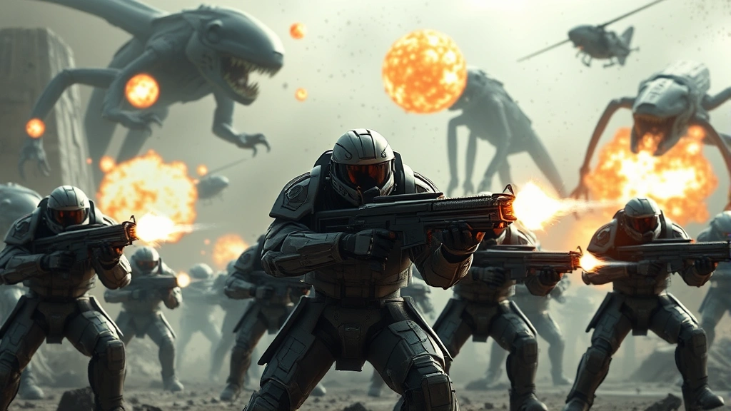 Armored space marine soldiers in tactical combat formation firing advanced weapons against alien creatures in a sci-fi battlefield with explosions and energy effects