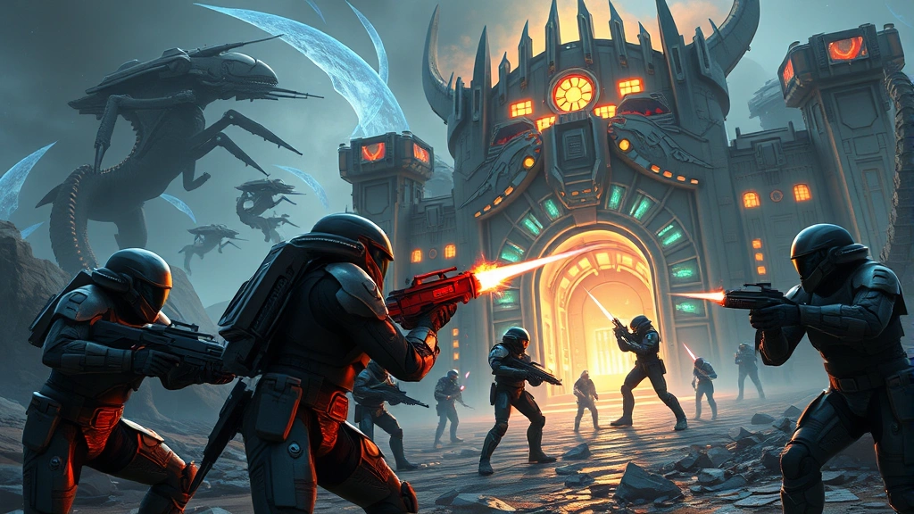 Multiple elite space marine commandos in futuristic armor executing coordinated assault on heavily fortified alien stronghold with glowing energy barriers and laser fire