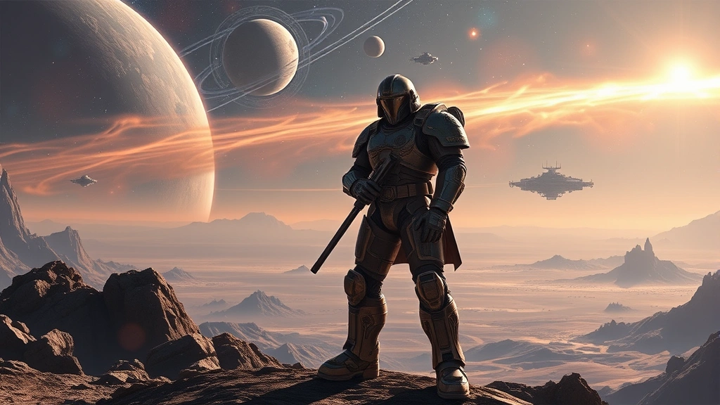 Veteran space marine warrior in ornate combat suit standing victorious on alien planet overlooking vast cosmic landscape with distant nebula and space stations