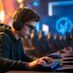 Professional esports competitor intensely focused at gaming desk with mechanical keyboard during spacebar clicker tournament, dramatic lighting highlighting concentration