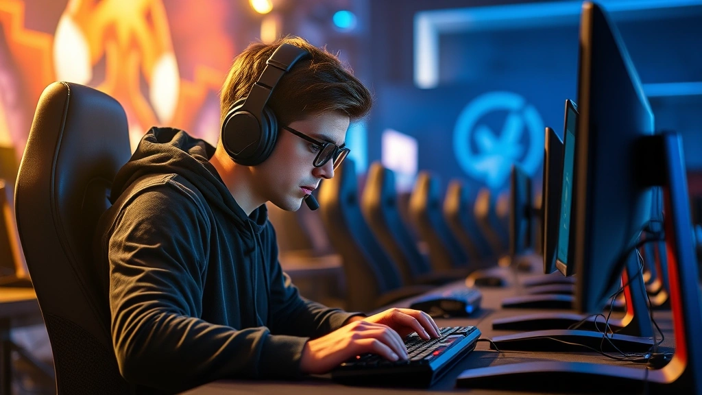 Professional esports competitor intensely focused at gaming desk with mechanical keyboard during spacebar clicker tournament, dramatic lighting highlighting concentration