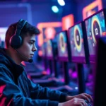 Professional esports player competing in high-speed sprinter game tournament, sitting at gaming setup with multiple monitors, intense focused expression, neon lighting in background, photorealistic