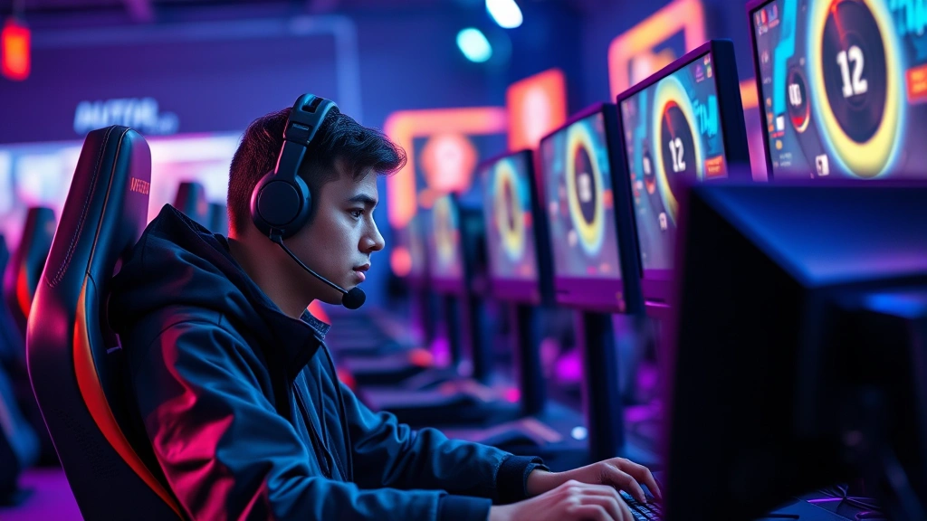 Professional esports player competing in high-speed sprinter game tournament, sitting at gaming setup with multiple monitors, intense focused expression, neon lighting in background, photorealistic