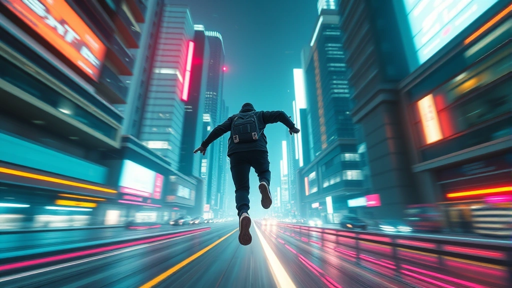 First-person view of cyberpunk parkour sprinter game, neon-lit futuristic cityscape with glowing buildings and dynamic lighting effects, fast motion blur, photorealistic