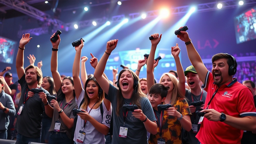 Diverse group of competitive gamers celebrating victory at esports arena, holding controllers, cheering with energy and excitement, professional stage lighting, photorealistic