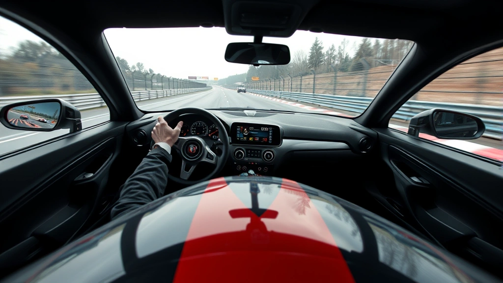 Professional racing driver in high-speed sports car on wet track with motion blur, photorealistic, dynamic lighting, no UI elements