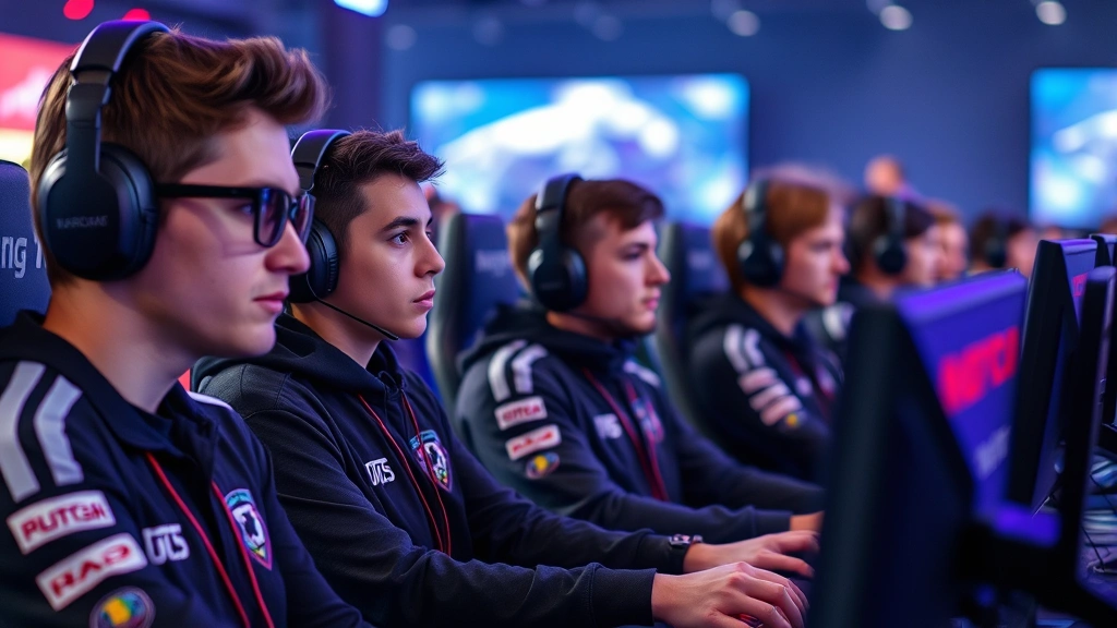 Competitive esports players at gaming tournament with racing simulators, focused expressions, professional lighting setup, no visible screen content or HUD elements