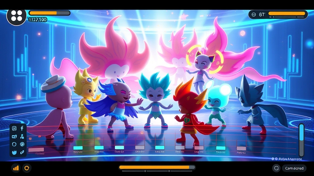 Dynamic music creation interface showing multiple animated characters interacting together in a bright digital environment, each character glowing with unique colors, professional game screenshot aesthetic, no game menus or text overlays