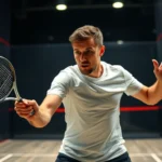 Professional squash player mid-swing in modern court with dramatic lighting, intense focused expression, sweat visible, professional racket mid-stroke, photorealistic action shot