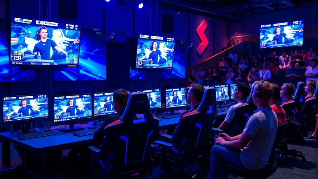 Competitive esports squash tournament setup with multiple monitors displaying match statistics, professional gaming chairs, LED lighting, spectators watching intently, high-energy atmosphere