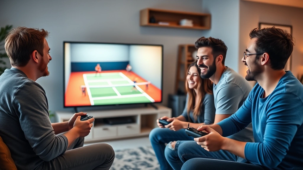 Casual gaming group of four friends laughing while playing arcade squash game on large TV screen, controller in hands, relaxed living room environment, genuine fun and excitement