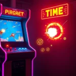 Neon-lit arcade cabinet from 1987 with glowing screen displaying fast-paced shooter gameplay, colorful pixel art enemies and explosions, arcade tokens scattered nearby, photorealistic lighting