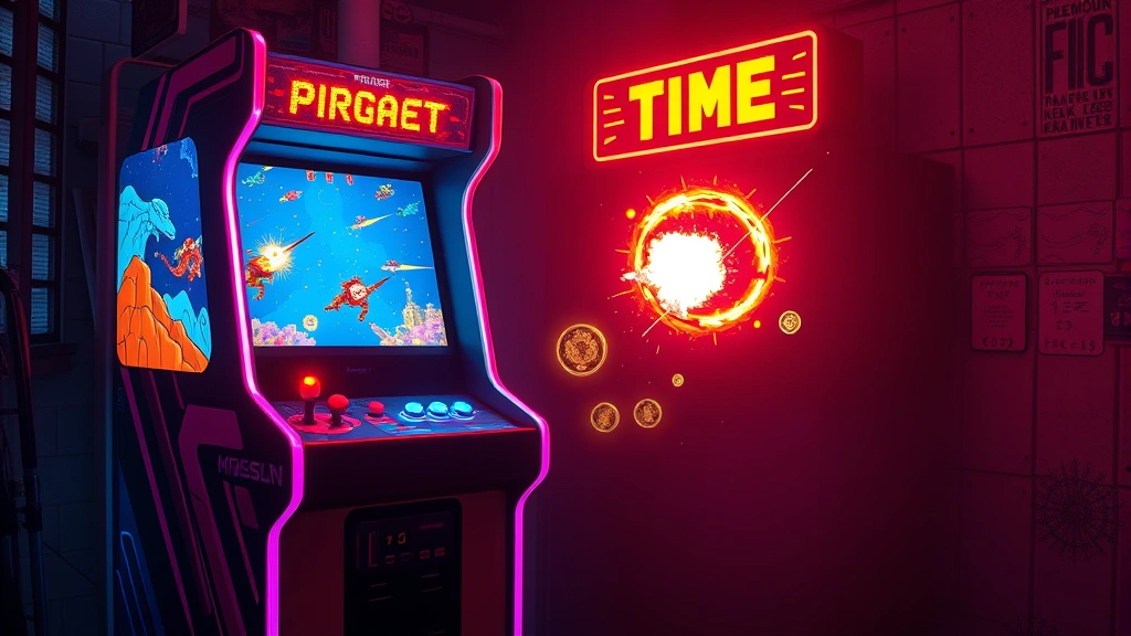 Neon-lit arcade cabinet from 1987 with glowing screen displaying fast-paced shooter gameplay, colorful pixel art enemies and explosions, arcade tokens scattered nearby, photorealistic lighting
