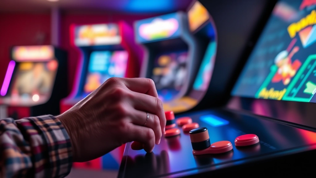 Player's hands on authentic 1980s arcade joystick and buttons during intense gameplay moment, vibrant arcade environment with other cabinets blurred in background, dramatic lighting from screen glow