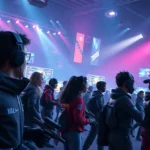 Photorealistic gaming scene: diverse players in futuristic arena setting, neon lighting, competitive atmosphere, no UI elements or text visible, cinematic composition