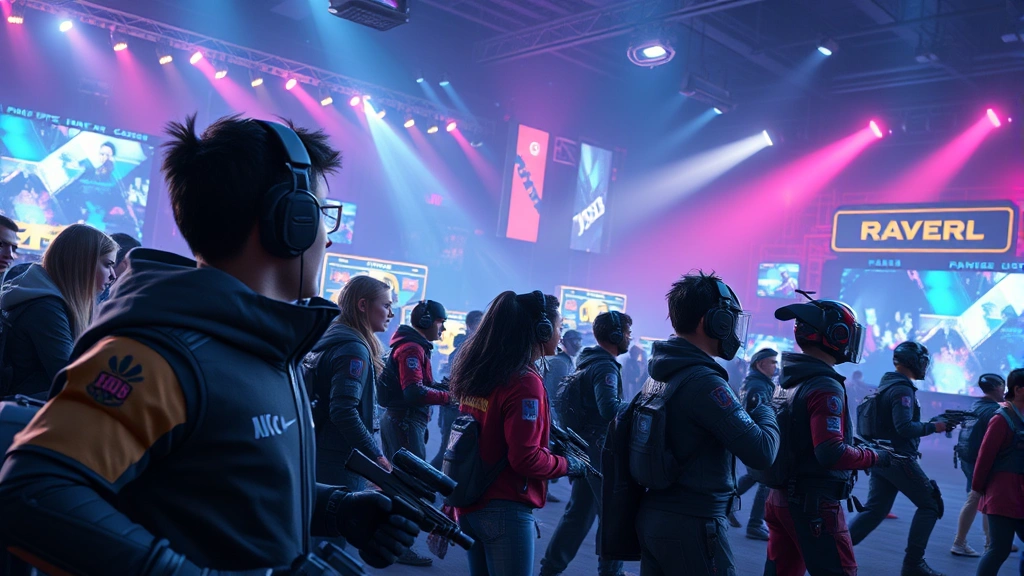 Photorealistic gaming scene: diverse players in futuristic arena setting, neon lighting, competitive atmosphere, no UI elements or text visible, cinematic composition