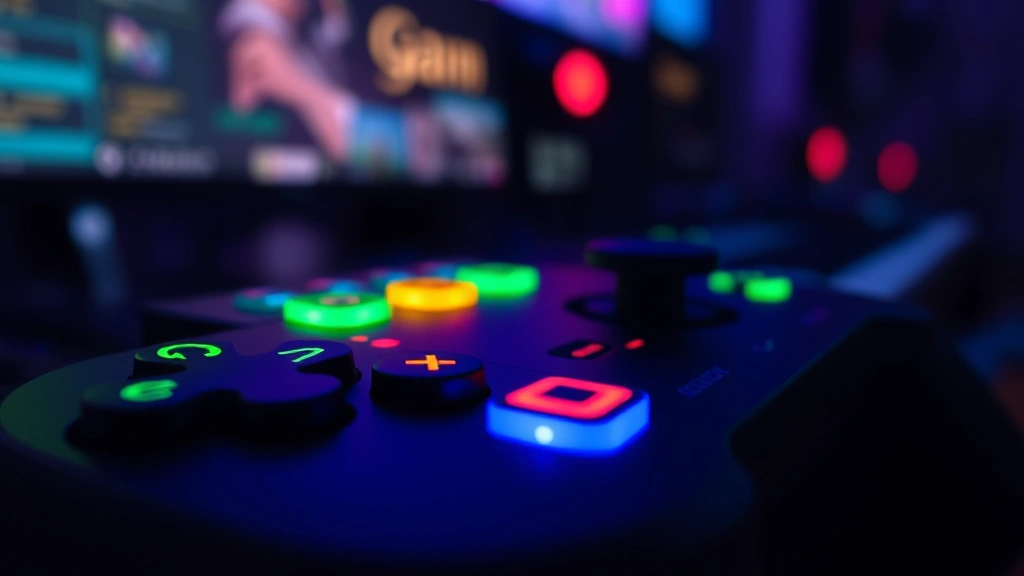 Close-up of colorful gaming controller buttons glowing in dark room, shallow depth of field, professional gaming setup ambiance, no text or game menus