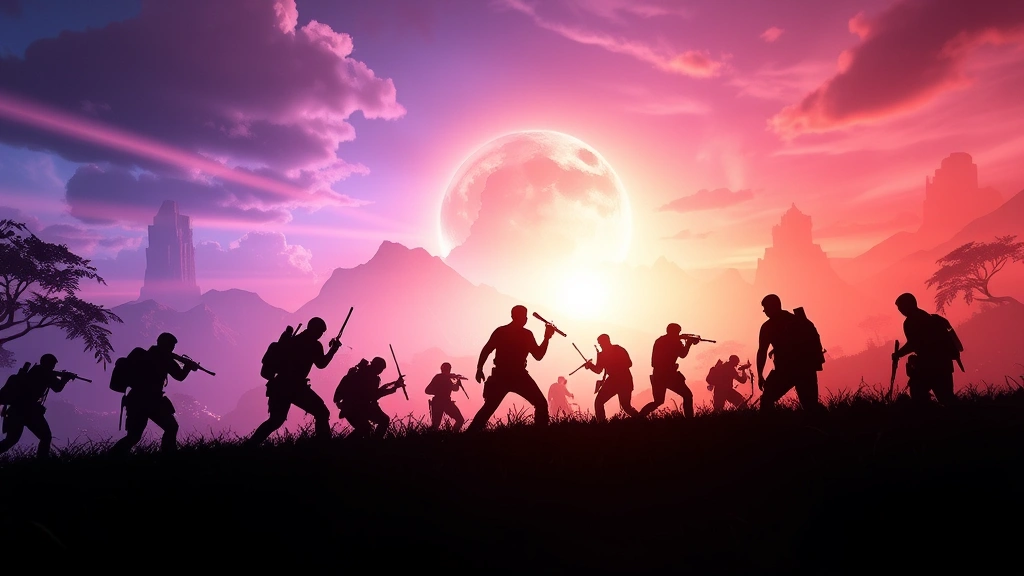 Epic multiplayer gaming moment: silhouettes of players against glowing digital landscape, dynamic action poses, vibrant color palette, no HUD or interface elements visible
