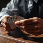 Professional magician performing card sleight of hand at wooden table with dramatic lighting, close-up of hands with playing cards in mid-trick, photorealistic style