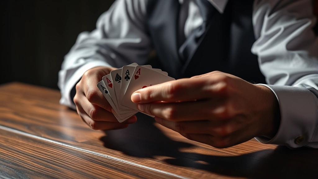 Professional magician performing card sleight of hand at wooden table with dramatic lighting, close-up of hands with playing cards in mid-trick, photorealistic style