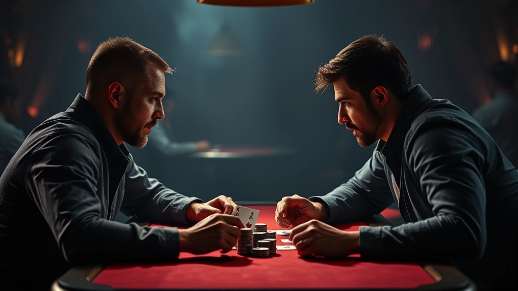 Two competitive players facing each other across table during intense card game, focused expressions, dramatic shadows, high-stakes gaming environment, cinematic lighting