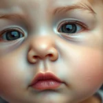 Close-up of photorealistic digital infant face with detailed skin texture, subtle facial features, and natural skin tones under studio lighting, professional 3D rendering style