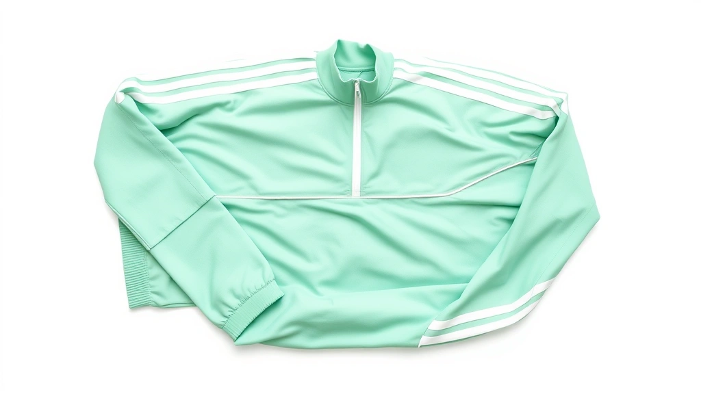 Close-up of vibrant mint-green tracksuit with white stripes laid flat on white background, showing fabric texture and stripe details photorealistically