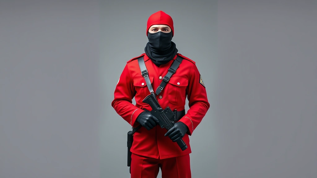 Full-length figure wearing complete red guard uniform with balaclava mask, posed confidently against neutral backdrop, photorealistic styling