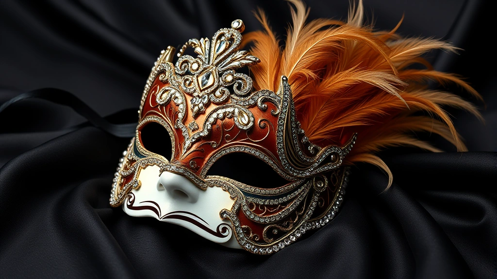 Ornate Venetian-style masquerade mask with feathers and rhinestones on black fabric background, showcasing intricate details and luxury aesthetic photorealistically
