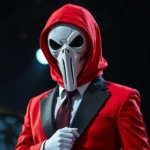Professional cosplayer wearing complete red Squid Game guard costume with geometric white mask, standing in dramatic pose under stage lighting, sharp focus on mask details and suit tailoring