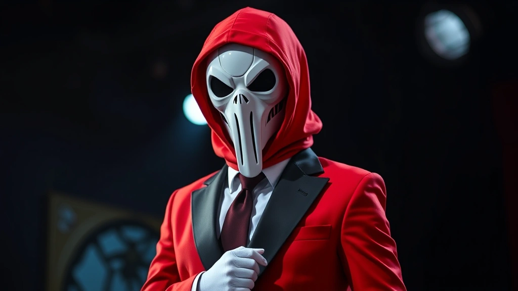 Professional cosplayer wearing complete red Squid Game guard costume with geometric white mask, standing in dramatic pose under stage lighting, sharp focus on mask details and suit tailoring