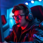 Professional esports player in gaming chair wearing headset competing in intense multiplayer survival game match, dramatic lighting, focused expression, RGB gaming setup in background
