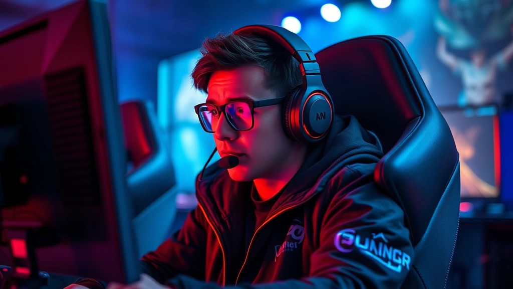 Professional esports player in gaming chair wearing headset competing in intense multiplayer survival game match, dramatic lighting, focused expression, RGB gaming setup in background