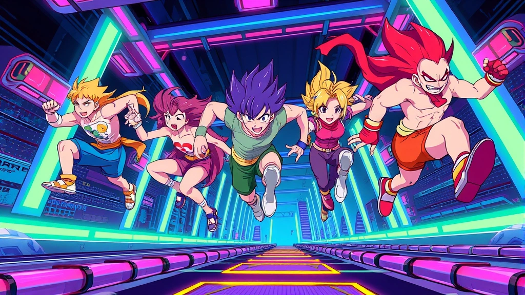 Multiple colorful anime-style characters with different builds running through neon-lit obstacle course, dynamic action poses, jumping over hazards, competitive atmosphere, vibrant colors