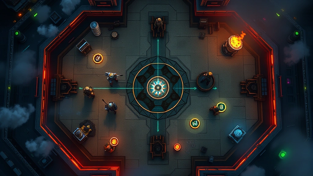 Top-down view of competitive gaming arena with multiple players positioned strategically around map terrain, glowing ability effects, environmental hazards visible, tactical positioning gameplay